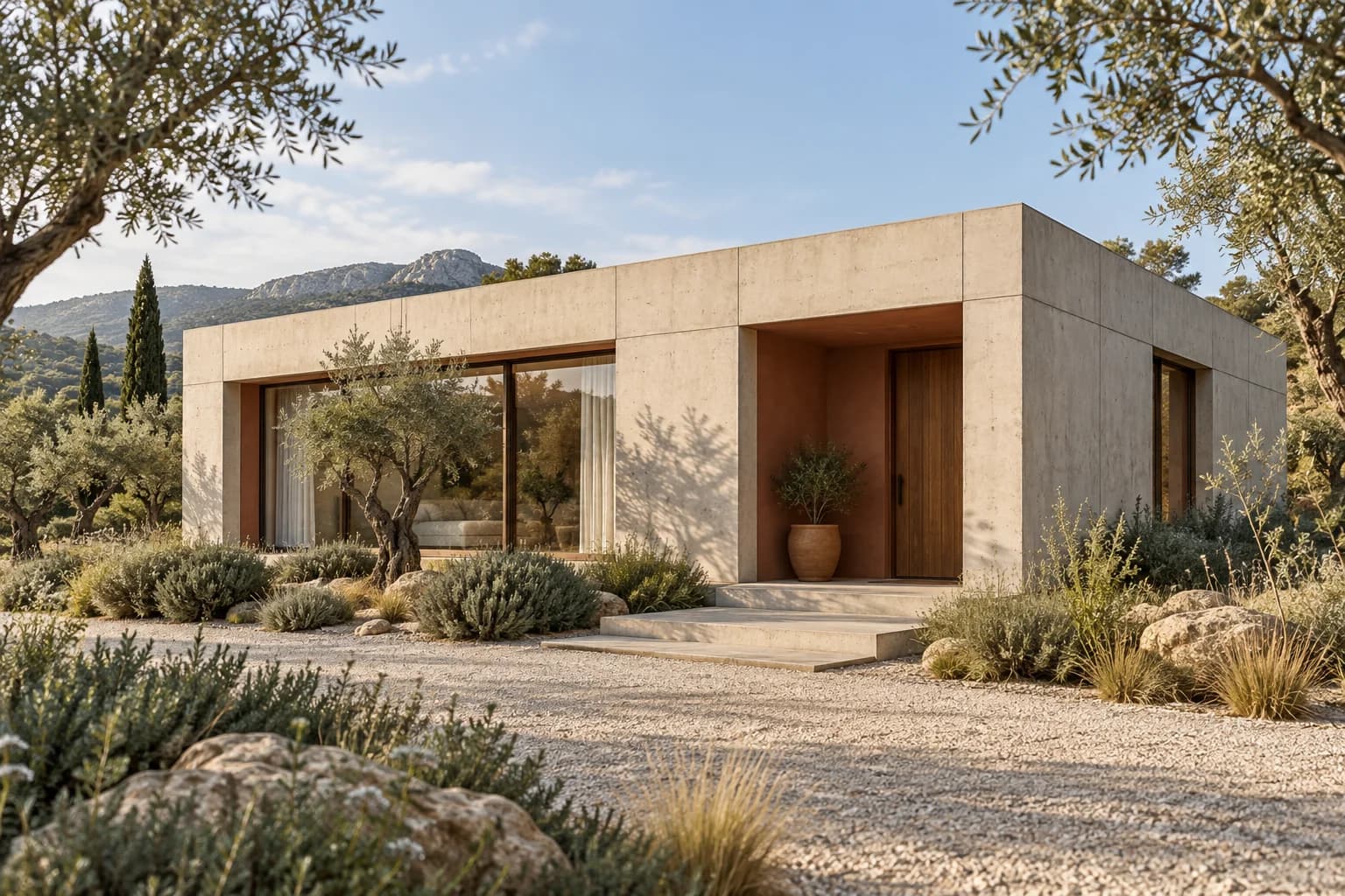 Visualización conceptual de una casa prefabricada de hormigón