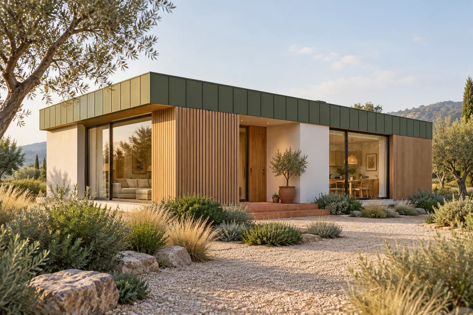 Visualización conceptual de una casa modular entre olivos